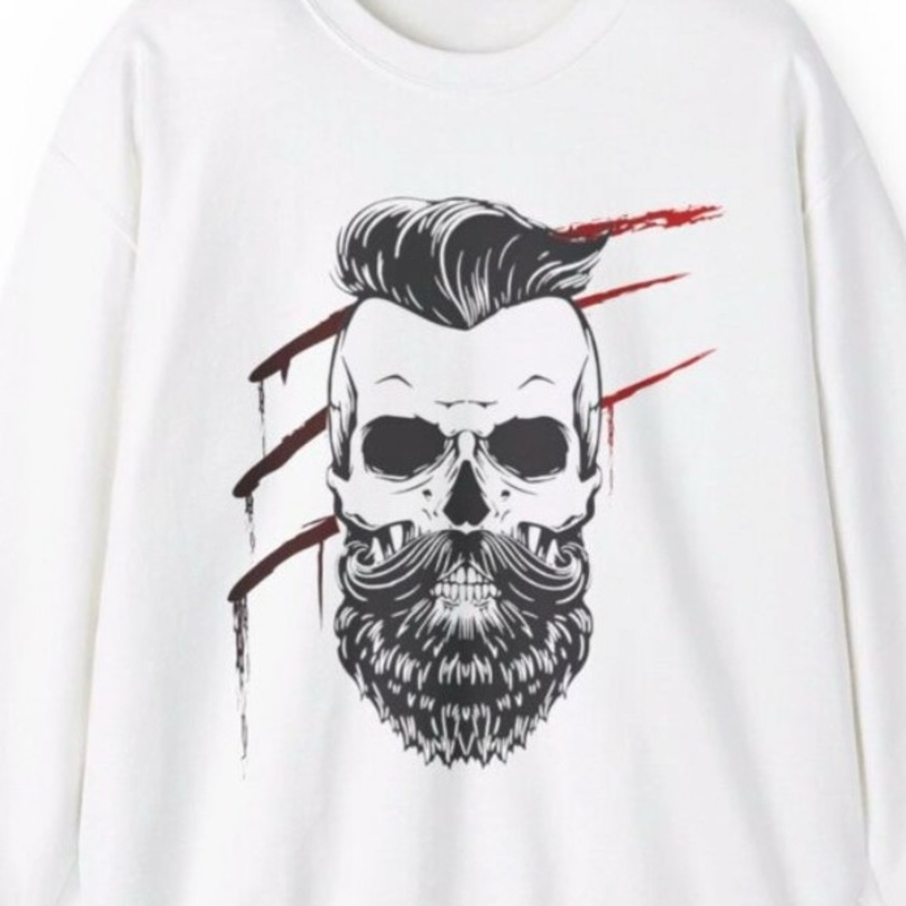 Men’s White Bearded Skull Halloween Sweatshirt For Husband Spooky Shirt Horror